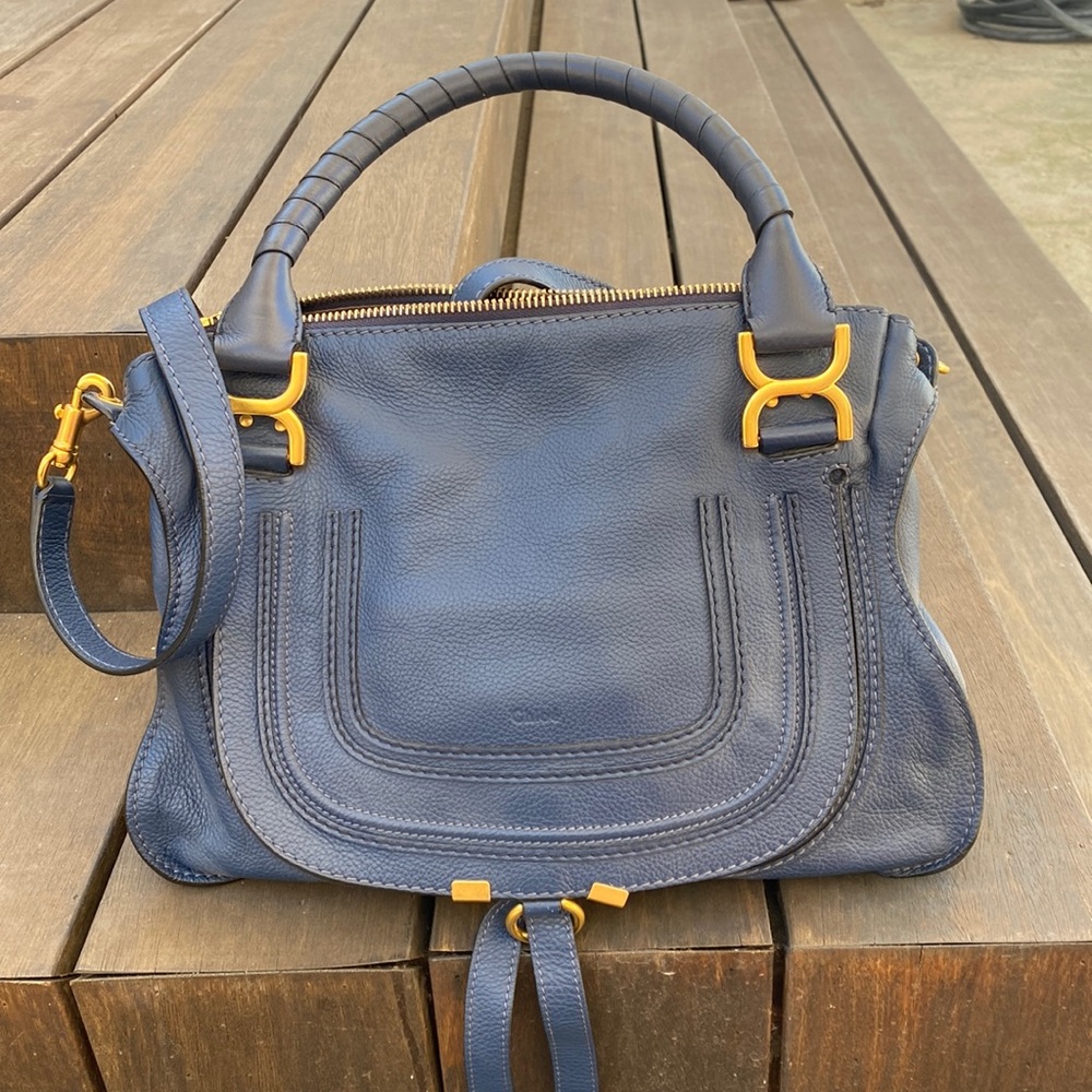 Copy- Chloe Blue Satchel Structured Leather Gold Accents